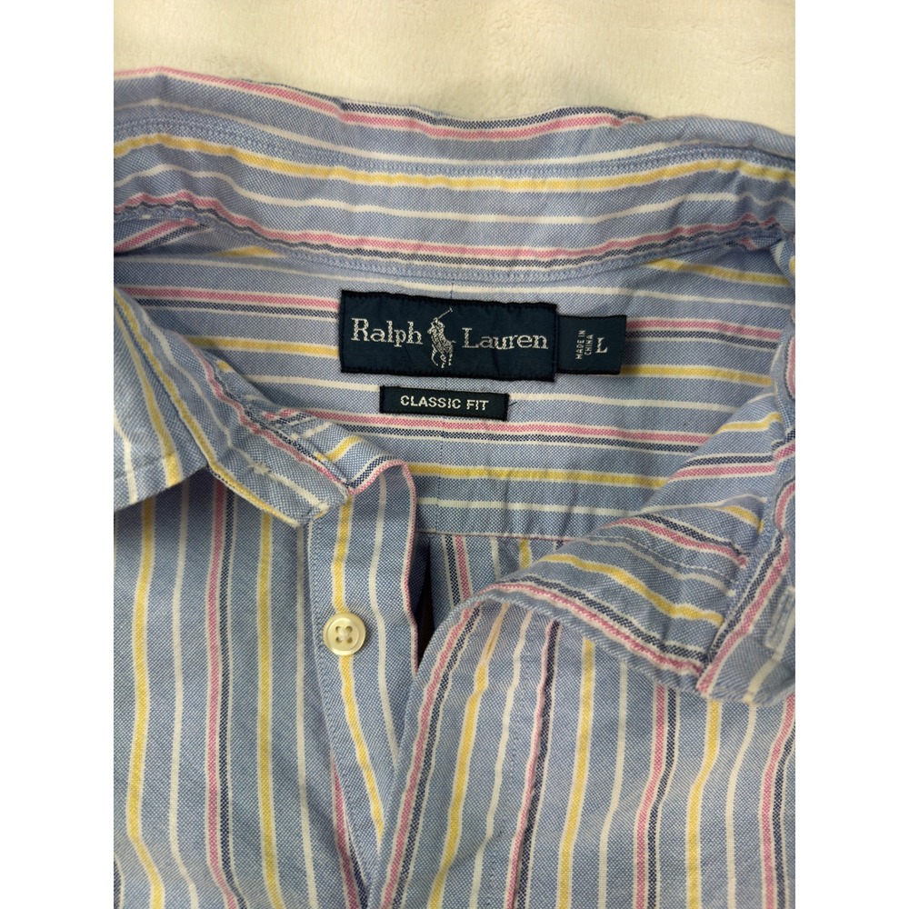 Ralph Lauren Classic Fit Mens Large Short Sleeve Striped Button Down Shirt Blue - Picture 3 of 6